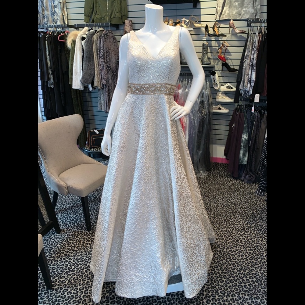 Champagne brocade v neck gown